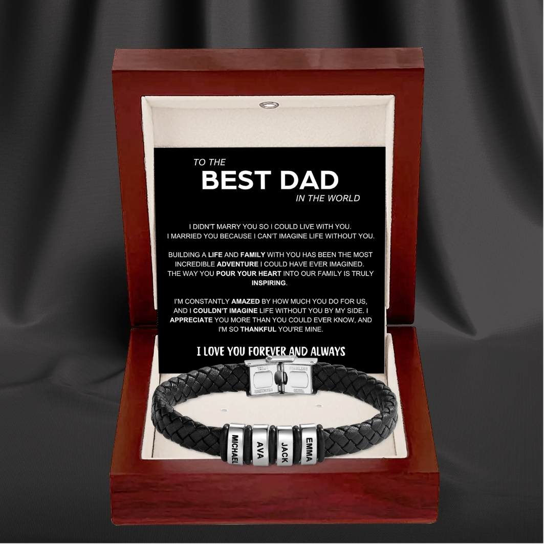 Best Dad in The World – Braided Black Leather Bracelet with Personalised Name Engraving