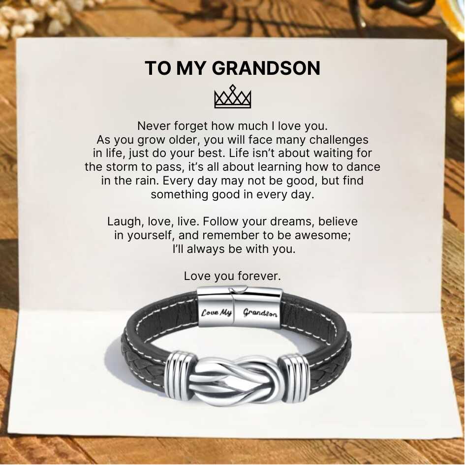 To My Grandson - Forever Linked Together Braided Leather Bracelet