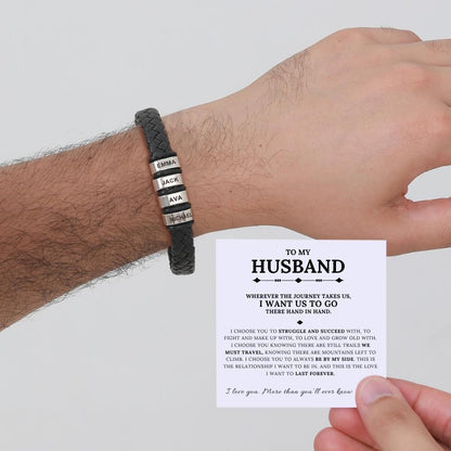 To My Husband - Braided Black Leather Bracelet with Personalized Name Engraving
