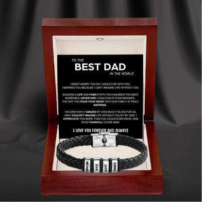 Best Dad in The World – Braided Black Leather Bracelet with Personalised Name Engraving