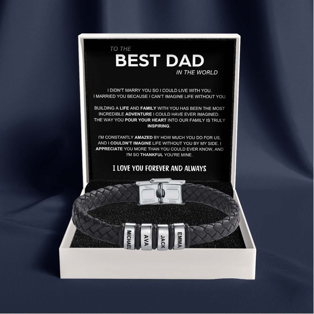 Best Dad in The World – Braided Black Leather Bracelet with Personalised Name Engraving