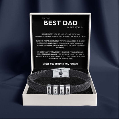 Best Dad in The World – Braided Black Leather Bracelet with Personalised Name Engraving
