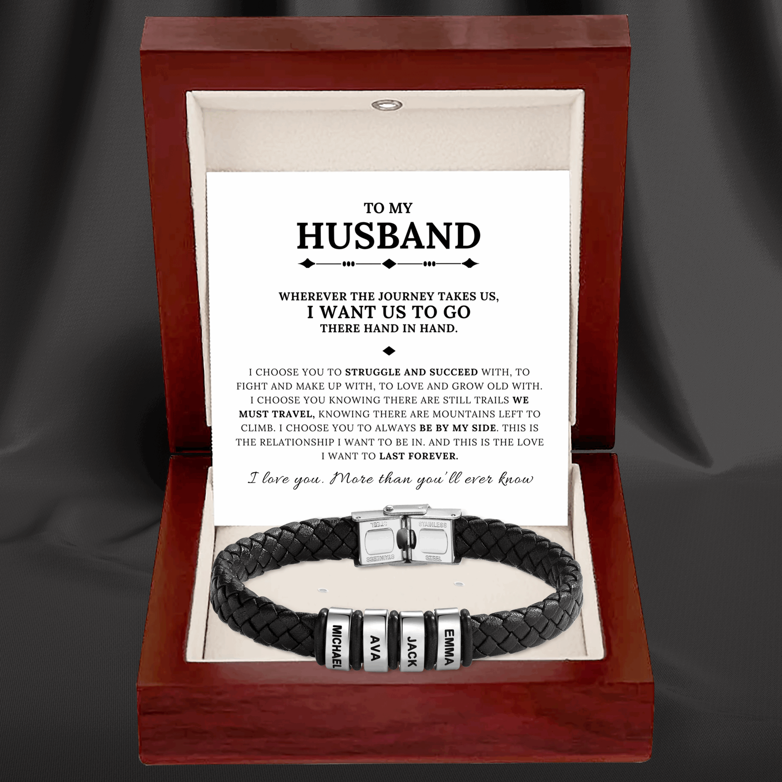 To My Husband - Braided Black Leather Bracelet with Personalized Name Engraving
