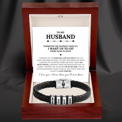 To My Husband - Braided Black Leather Bracelet with Personalized Name Engraving