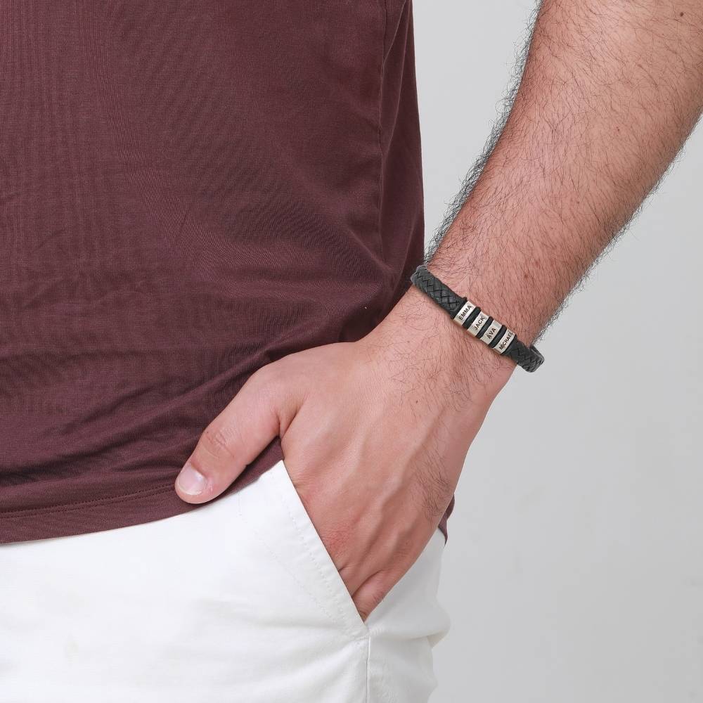 To My Husband - Braided Black Leather Bracelet with Personalized Name Engraving