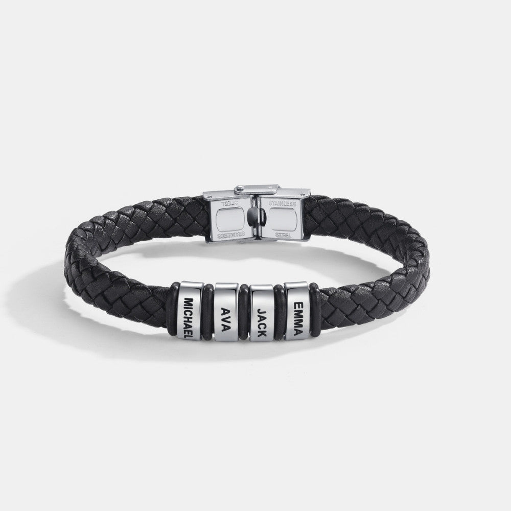 To My Husband - Braided Black Leather Bracelet with Personalized Name Engraving