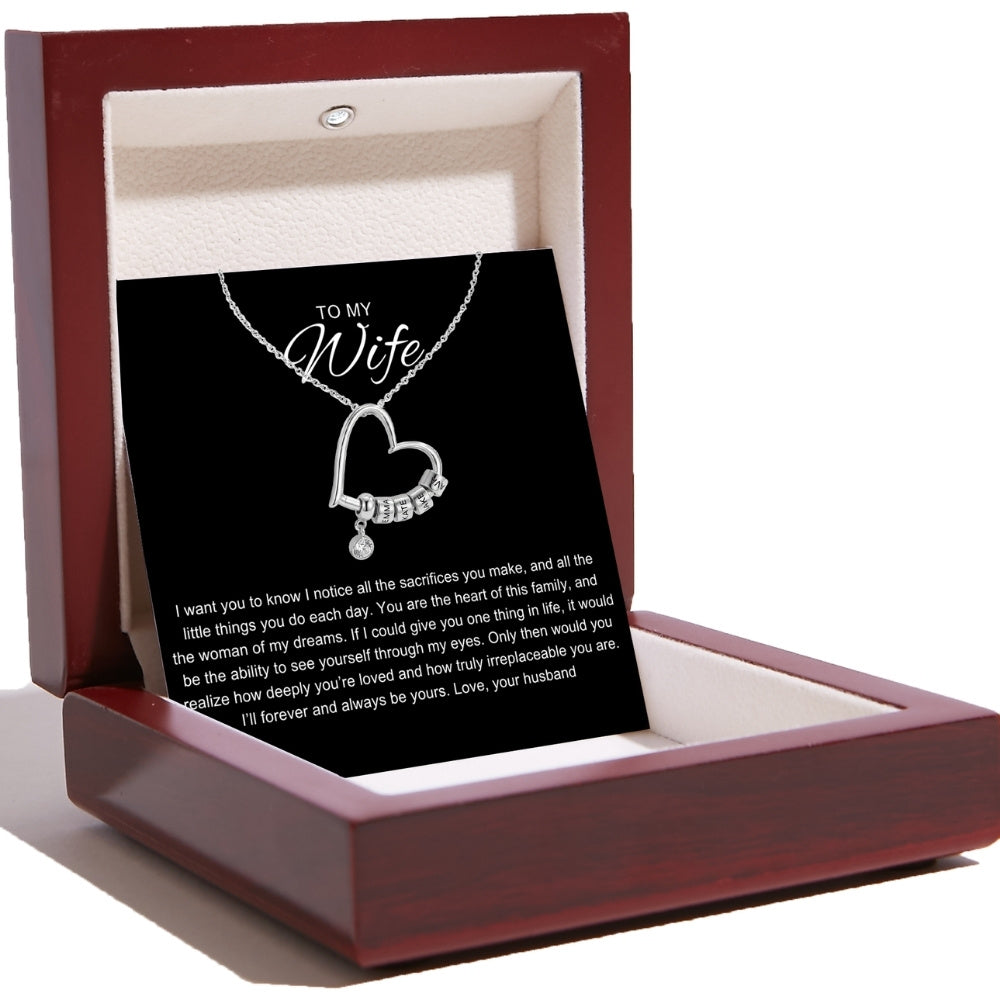 Charming Heart Necklace with Engraved Name Beads for Wife