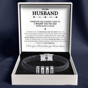 To My Husband - Braided Black Leather Bracelet with Personalized Name Engraving