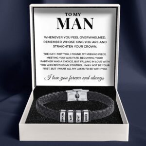 To My Man - Braided Black Leather Bracelet with Personalized Name Engraving