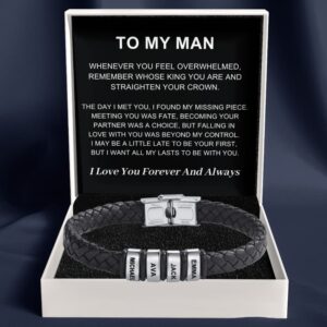 To My Man - Braided Black Leather Bracelet with Personalized Name Engraving