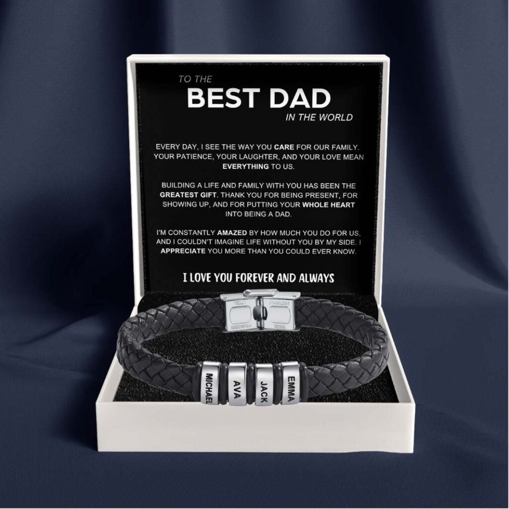 Best Dad in The World – Braided Black Leather Bracelet with Personalised Name Engraving