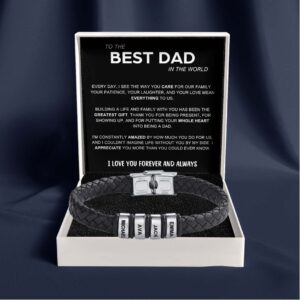 Best Dad in The World – Braided Black Leather Bracelet with Personalised Name Engraving