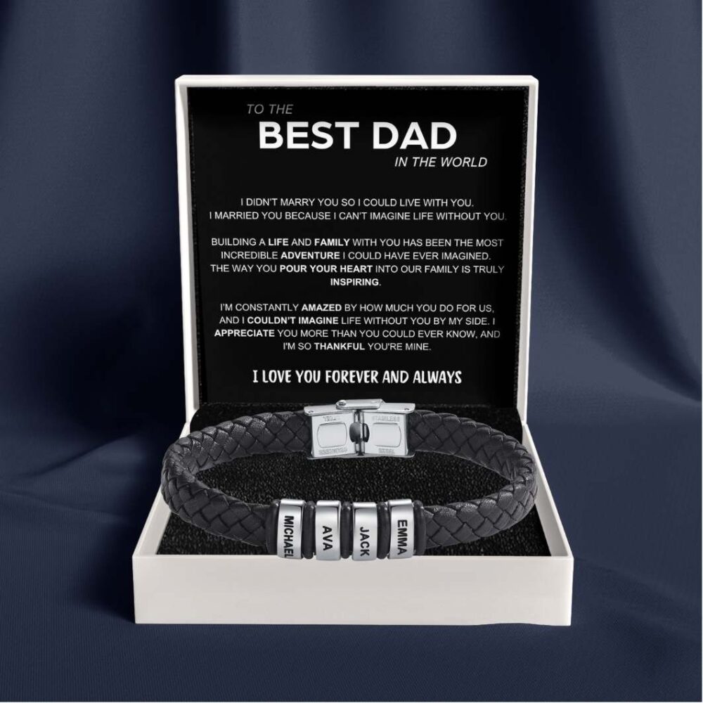 Best Dad in The World – Braided Black Leather Bracelet with Personalised Name Engraving