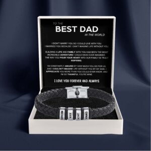 Best Dad in The World – Braided Black Leather Bracelet with Personalised Name Engraving