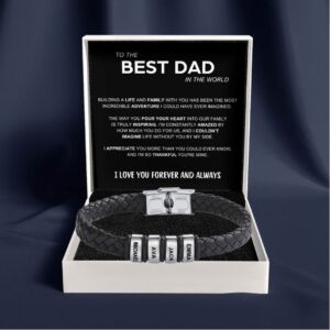 Best Dad in The World – Braided Black Leather Bracelet with Personalised Name Engraving