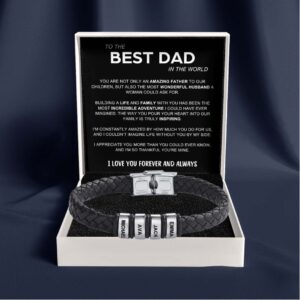 Best Dad in The World - Braided Black Leather Bracelet with Engraved Name Beads